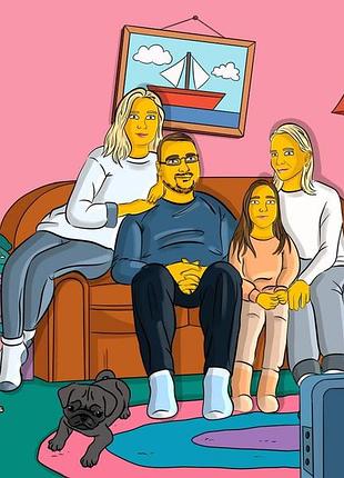 Картина по вашему фото на холсте 40х60 см в стиле семейки симсонов, картина в подарок,...