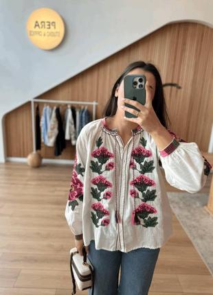 Женская белая качественная пышная вышиванка, вышитая рубашка блуза блузка украинская...