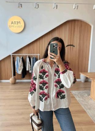 Женская белая качественная пышная вышиванка, вышитая рубашка блуза блузка украинская...