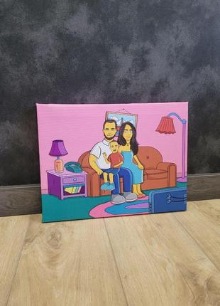 Картина по вашему фото на холсте 30х40 см в стиле семейки симсонов, картина в подарок,...