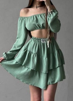 Милий ніжний жіночий новий літній легкий костюм комплект двійка зі спідницею та топом🌸 топ та спідниця з воланами, рожевий, білий, чорний, зелений