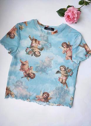 Блуза футболка топ  голубая с ангелами, сетка bershka