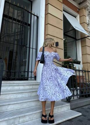 Сукня міді з відкритими плечима рукава ліхтарики декольте на зав'язках плаття чорна біла зелена блакитна з імітацією корсета з квітковим принтом літня
