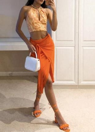 Легкая летняя оранжевая юбка миди на запах missguided8 фото