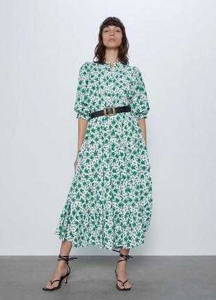 Zara платье в цветочный принт трендовое макси длинное платье ярусное рукава пуфы
