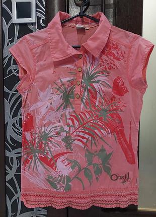 Летняя блуза, футболка oneill в тропический принт с элементами вишивки кораллового цвета 42-44