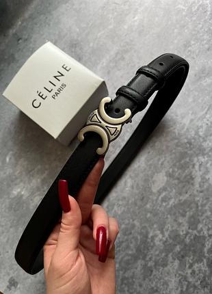 Шкіряний жіночий прошитий чорний ремінь в стилі celine