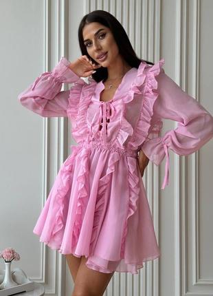 Розовое шифоновое платье с рюшами 🌸 розовое платье с рюшами