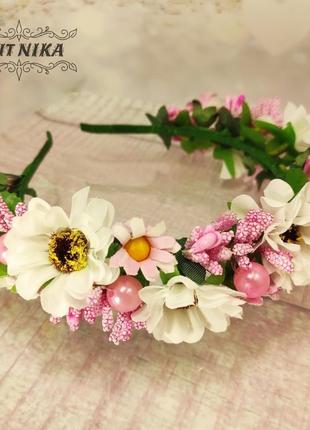 Вінок з білими квітами на ранок, день народження або фотосесію. обідок нареченої5 фото