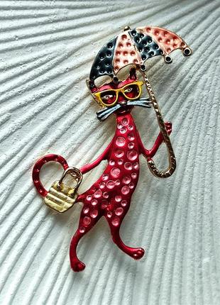 Брошка-кулон кіт з парасолькою 7,1 см