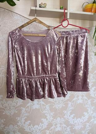 🌿рожевий блискучий велюровий костюм двійка, блуза + спідниця