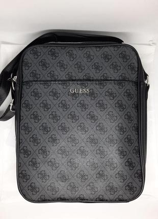 Мужская сумка канва кожа. темно серая сумка guess. подарок мужчине. подарок на день рождения