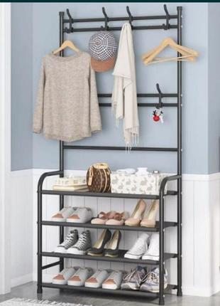 Напольная вешалка для одежды с подставкой для обуви на 4 полки