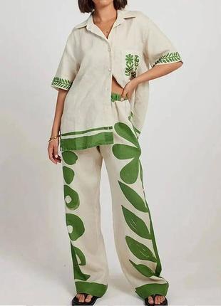 Костюм льон в стилі alemais брючний сорочка штани беж