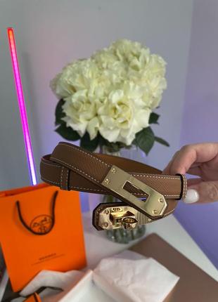 Шкіряний жіночий ремень в стилі hermes kelly brown gold коричневий с золотом