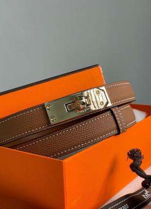 Шкіряний жіночий ремень в стилі hermes kelly brown gold коричневий с золотом5 фото