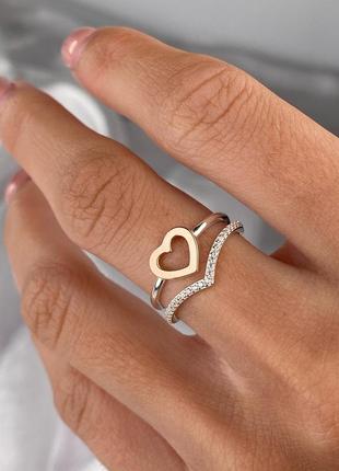 Серебряное кольцо 925 пробы золотая пластина 375 пробы, сердечко, камушки цирконии