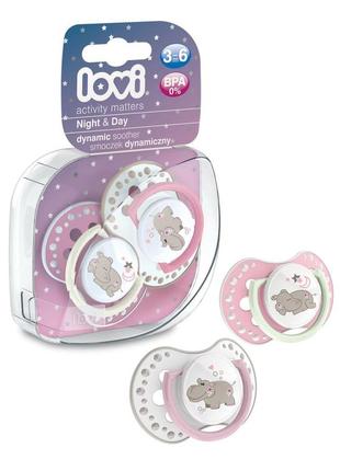 Lovi пустушка силіконова динамічна 3-6 м-ців 2 шт. night&day girl hippo