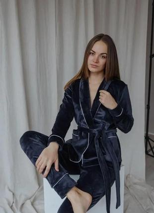 Женская велюровая пижама длинная, велюровый комплект пижамы, качественная пижама для дома и сна черного цвета