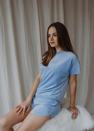 Женская велюровая пижама с шортами, велюровый комплект пижамы, качественная пижама с шортами голубого цвета