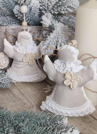 Ангел из натурального льна, рождественский апгел ручная работа, ангел на елку, 15 см.