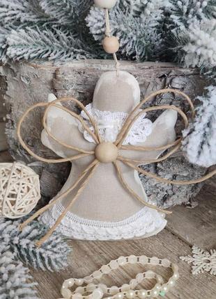 Ангел из натурального льна, рождественский апгел ручная работа, ангел на елку, 15 см.