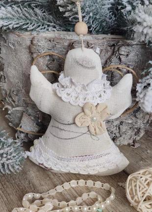 Ангел из натурального льна, рождественский апгел ручная работа, ангел на елку, 15 см.