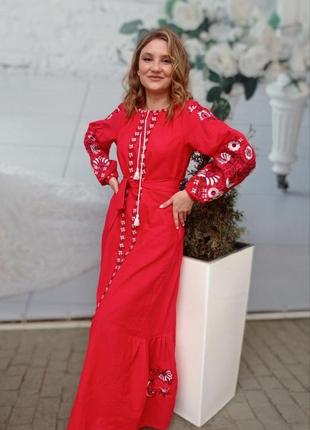 Платье с вышивкой на льне с пояском 46-56 р-ры