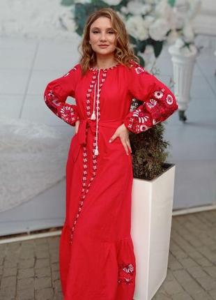 Платье с вышивкой на льне с пояском 46-56 р-ры