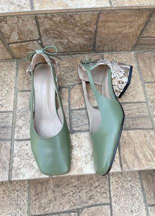 Туфли из натуральной итальянской кожи женские под рептилию зеленые3 фото