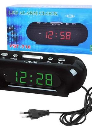 Часы сетевые настольные часы с будильником vst 716-4 с салатовой подсветкой