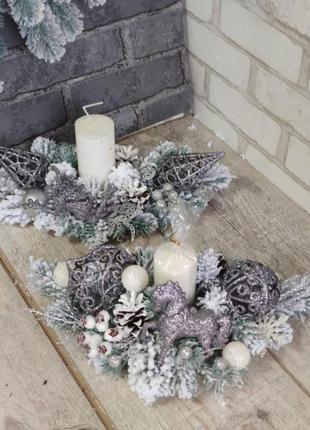 Новогодний подсвечник со свечой, рождественская композиция на стол, 35 -40 см