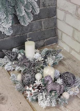 Новогодний подсвечник со свечой, рождественская композиция на стол, 35 -40 см