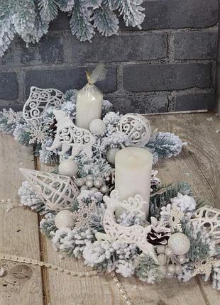 Новогодний подсвечник со свечой, рождественская композиция на стол, 35 -40 см