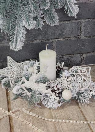 Новогодний подсвечник со свечой, рождественская композиция на стол, 35 -40 см