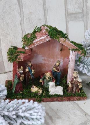 Рождественский вертеп из дерева и керамики, рождественская шопка, 12,5*15*7 см