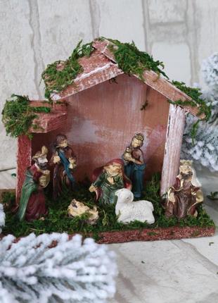 Рождественский вертеп из дерева и керамики, рождественская шопка, 12,5*15*7 см