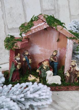 Рождественский вертеп из дерева и керамики, рождественская шопка, 12,5*15*7 см