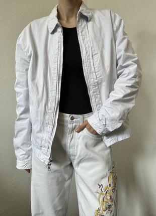 Бавовняний бомпер полоска білий бомпер смужка куртка джинсовка куртка в смужку брендова куртка коттон піджак в полоску жакет9 фото