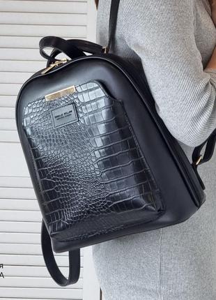 Жіночий шикарний та якісний рюкзак сумка для дівчат чорний рептилія1 фото