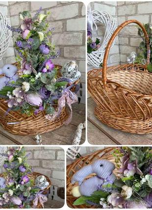 Великодній кошик з кроликом і квітами , н 45 см, 41*32 см, пасхальний декор,кошик на великдень.