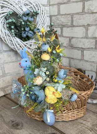 Великодній кошик з кроликом і квітами , н 45 см, 41*32 см, пасхальний декор,кошик на великдень.