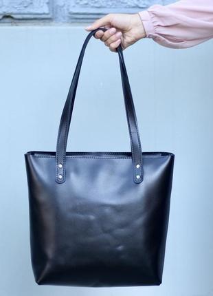 Офисная женская кожаная сумка шоппер_черная