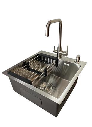 Мийка кухона kroner 50*50 (2.5\0.5) (см) + змішувач (з підключенням до фільтру) + дозатор + кошик
