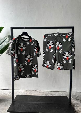 Мужской летний костюм-двойка цвета хаки, модная футболка с ярким принтом и удобные шорты