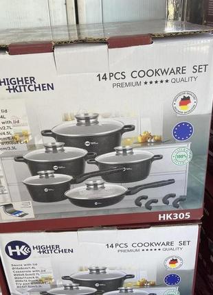 Набор кастрюль и сковорода higher kitchen hk-305, набор посуды с гранитным антипригарным покрытием красный3 фото