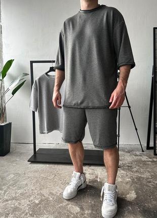 Легкий літній чоловічий темно-сірий однотонний спортивний костюм-двійка