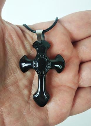 Кулон " крест " из камня  оникс на черном, кожаном шнурке3 фото