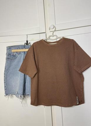 Хлопковая футболка оверсайз, укороченная полосатая, зара топ, в полоску базовая свободная стильная