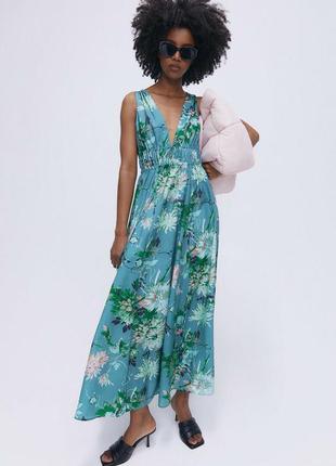 Платье макси h&m сарафан летнее платье пышное пляжное завязки открытая спинка голубое цветочная